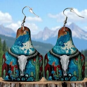 Western Steer Cactus Blue Leather Earrings